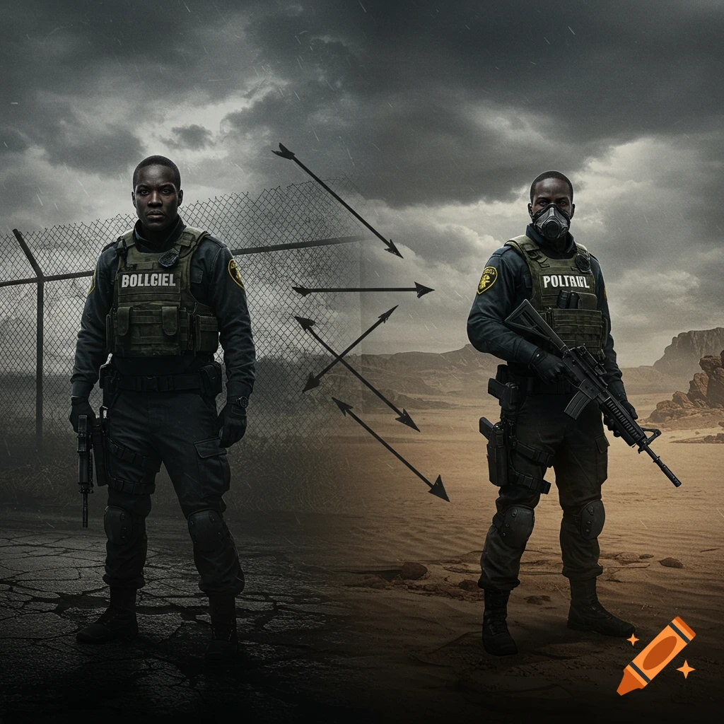 Two dark-skinned border patrol agents in a split dystopian landscape: one urban with a fence, one desert.