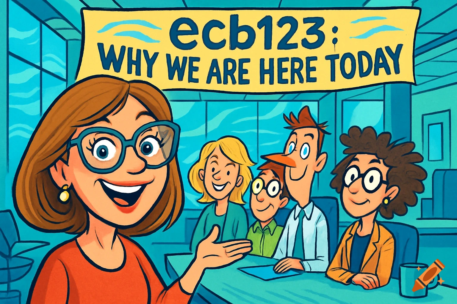 A cartoon woman with glasses gestures while leading a meeting with four other diverse cartoon people in an office setting, under a banner that says 'ecb123: WHY WE ARE HERE TODAY'.