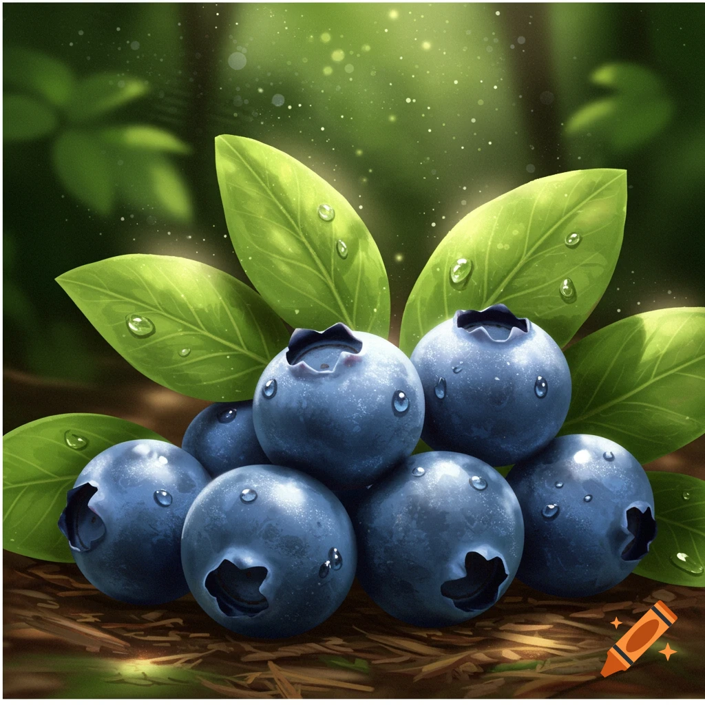 Close-up of fresh, wet blueberries with green leaves resting on forest ground, digital illustration.