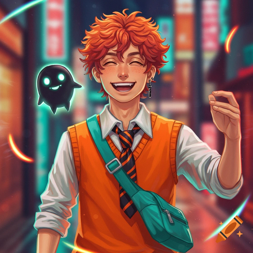 A cheerful young man with red-orange hair, an orange vest, and a teal bag smiles brightly with a glowing black ghost floating beside him in a vibrant city at night.