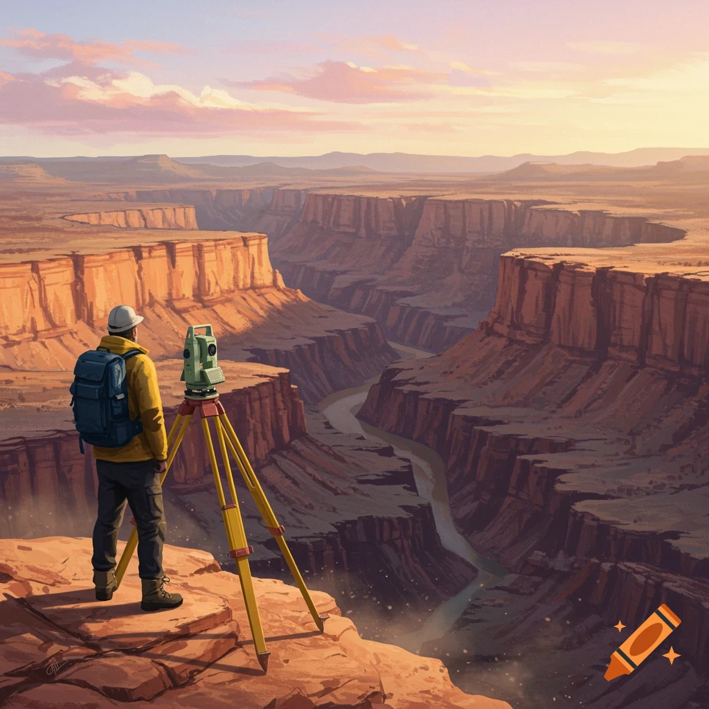 A person wearing a hard hat and backpack stands with a surveying total station on a cliff overlooking a vast canyon with a river flowing through it at sunset, digital painting style.
