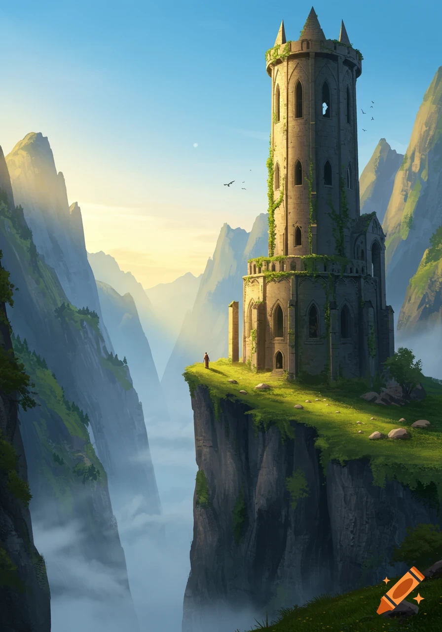 A lone figure stands near a ruined stone wizard tower on a cliff overlooking a misty mountain valley at sunrise.