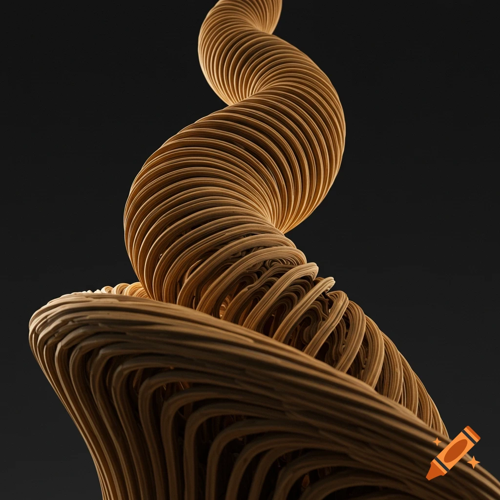 A twisted 3D sculpture made of layered brown chipboard or wood, spiraling upwards against a dark background.