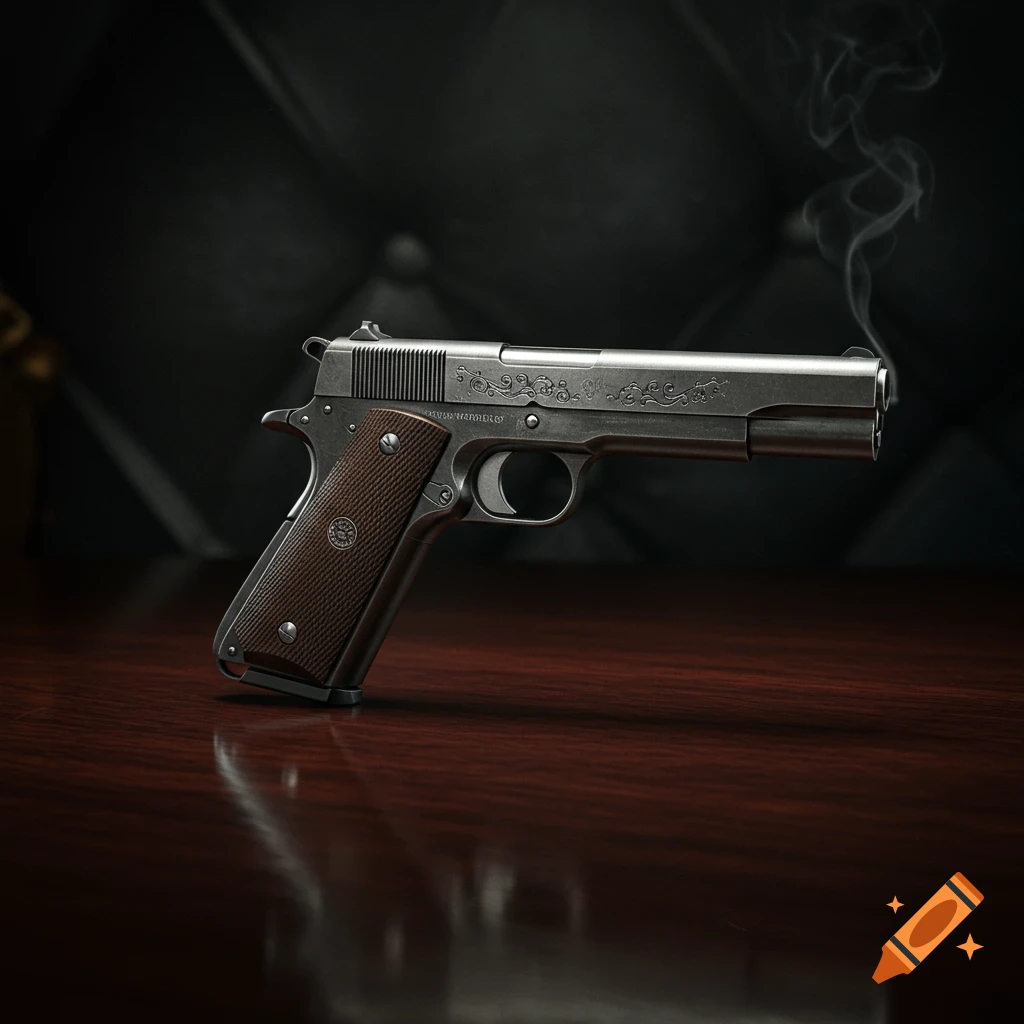 A photorealistic image of a vintage M1911 pistol on a dark wooden table with smoke curling from the barrel.