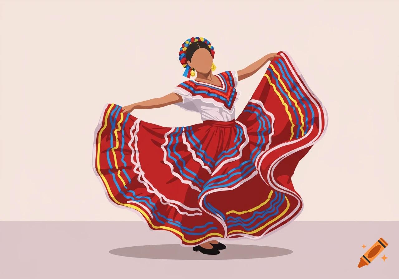 Vector illustration of a woman in a vibrant red folklorico dress with blue and yellow accents, dancing.
