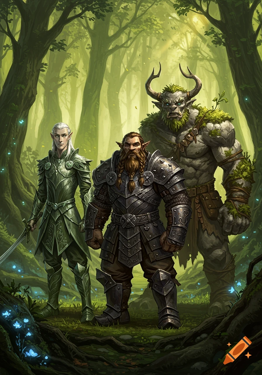 Three fantasy adventurers, an elf, a dwarf, and a large creature made of rock and moss, stand in a lush green forest.