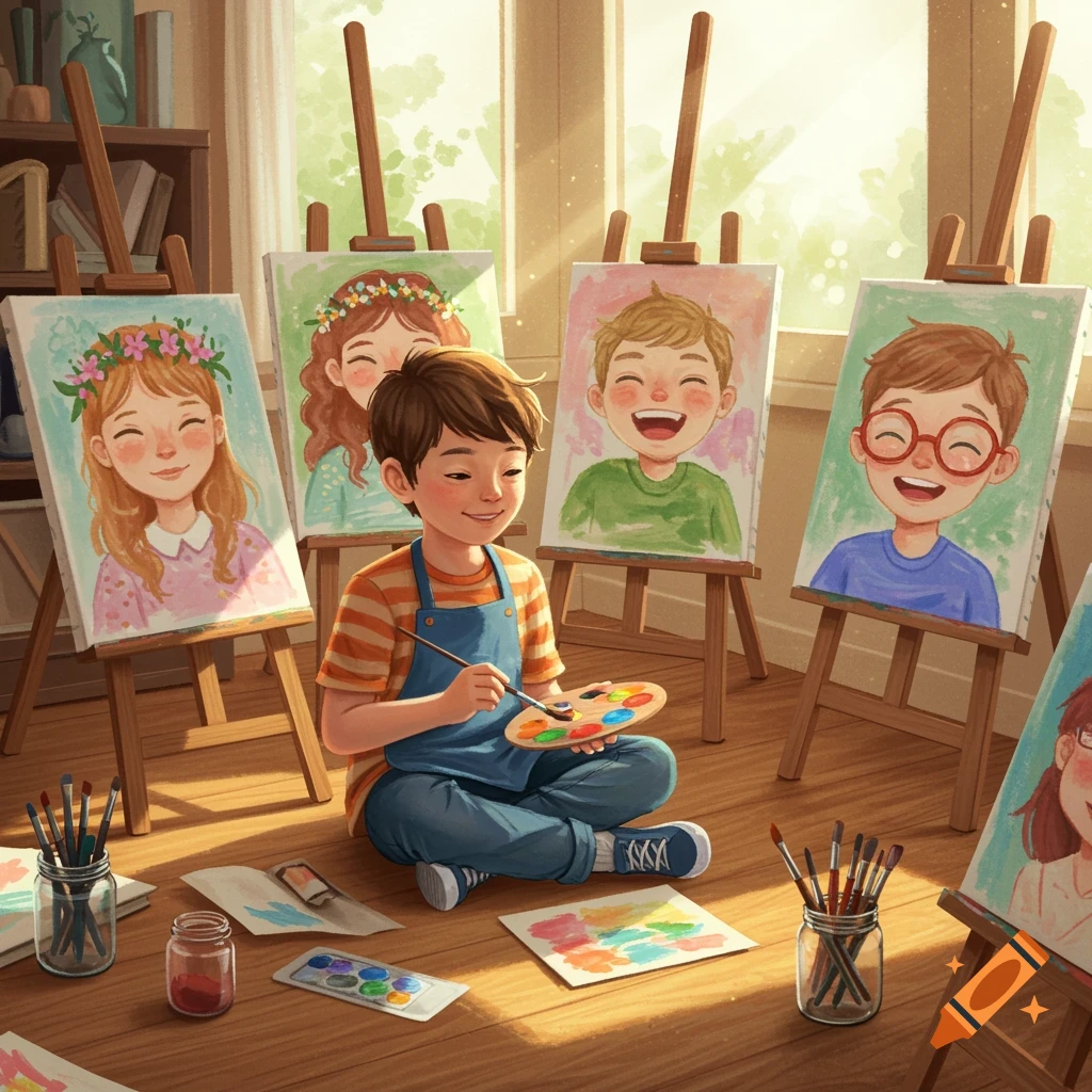 A happy boy sits on the floor in a sunny art studio, painting portraits on canvases set on easels around him.