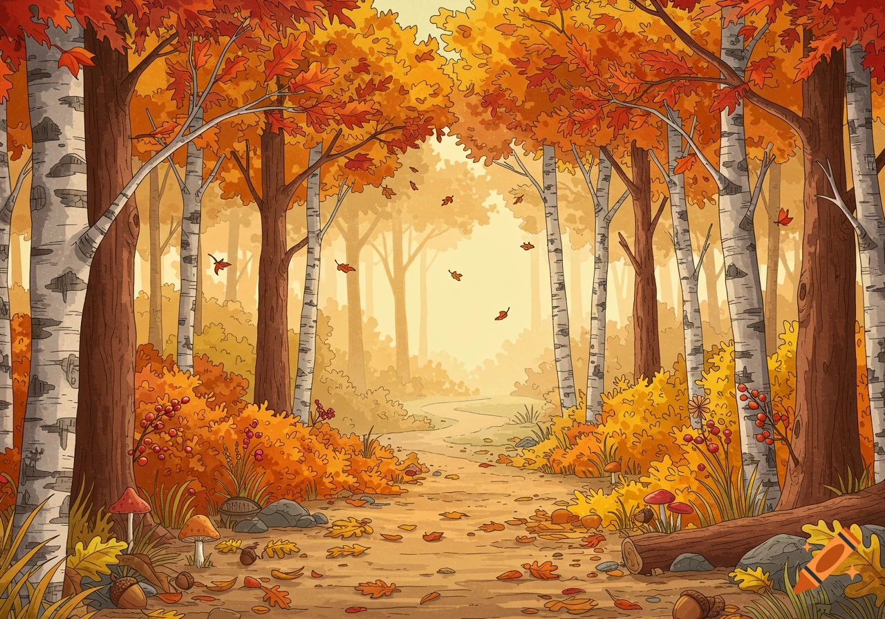 A vibrant illustration of an autumn forest path lined with trees featuring orange and yellow leaves, fallen leaves, mushrooms, and berries.