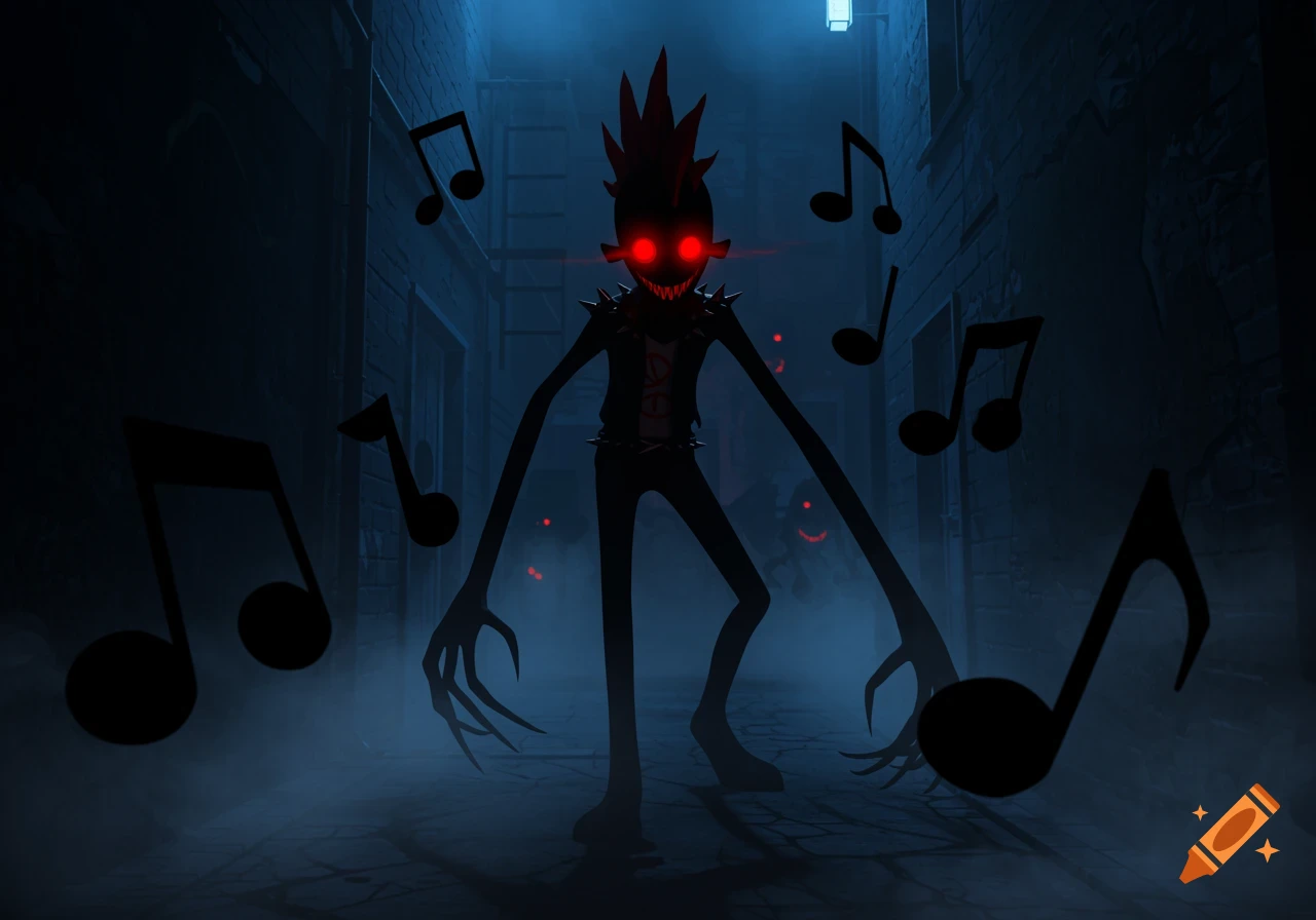 A dark, stylized monster with glowing red eyes and sharp teeth stands in a foggy alley, surrounded by floating musical notes. Smaller, shadowy figures are in the background.