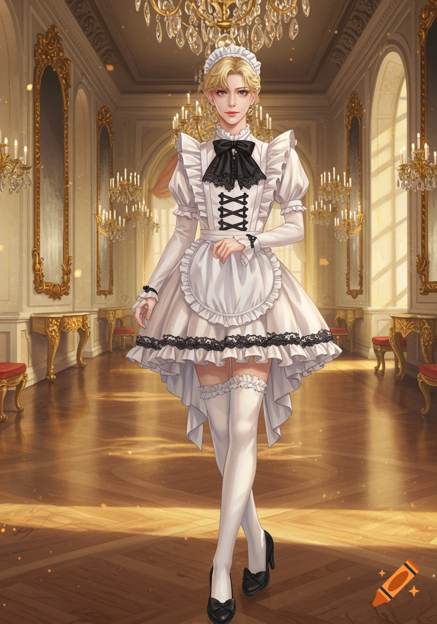Illustrated person with blonde hair in a white and black maid dress standing in a grand, ornate room.