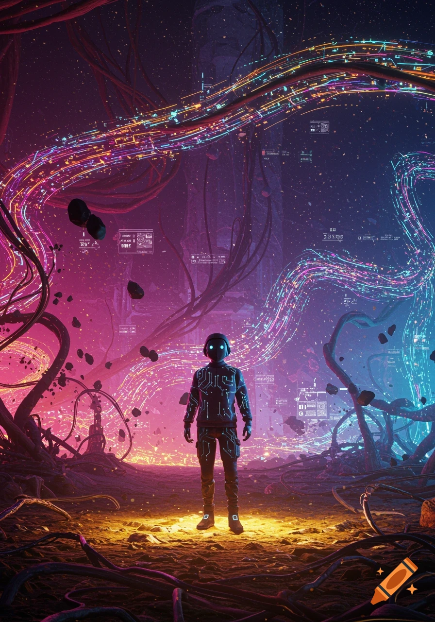 A futuristic figure in a circuit-patterned suit stands on a glowing ground amidst swirling neon data streams in a vibrant sci-fi landscape.