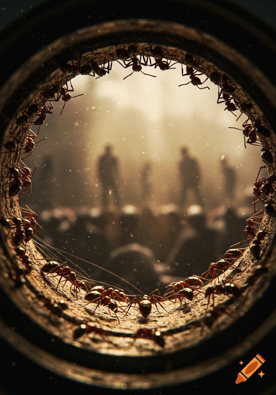 Close-up photorealistic view of ants crawling along the circular edge of a dark tunnel, with blurry, scared human figures in the background.