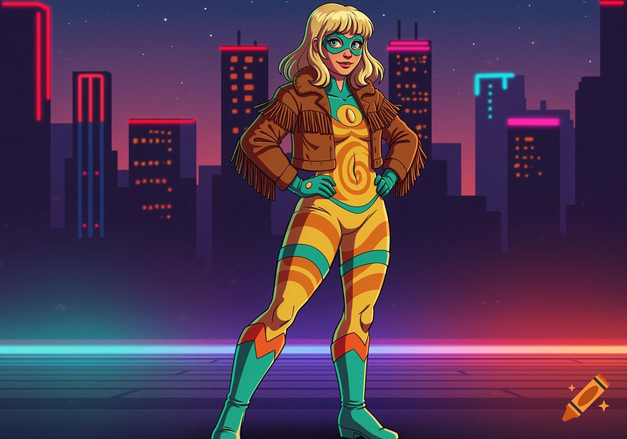 A blonde female superhero in a fringed jacket and yellow and teal swirled suit stands in a neon cityscape.