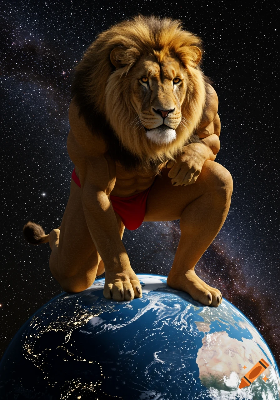 A gigantic, photorealistic, muscular anthropomorphic lion in a red speedo kneels on the Earth, dwarfing it against a starry space background.