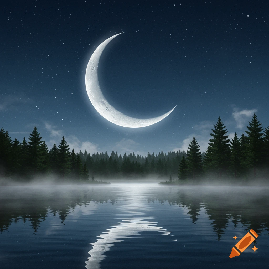 A crescent moon hangs in a star-filled night sky above a misty forest and a reflective lake.