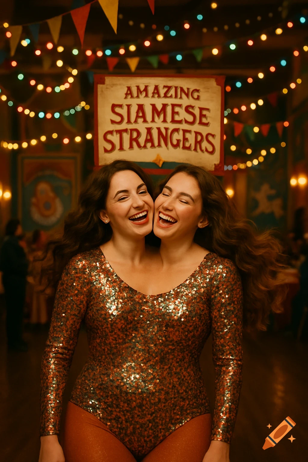 A two-headed woman in a sparkling orange leotard smiles under a sign reading 'AMAZING SIAMESE STRANGERS' at a festive circus with string lights.