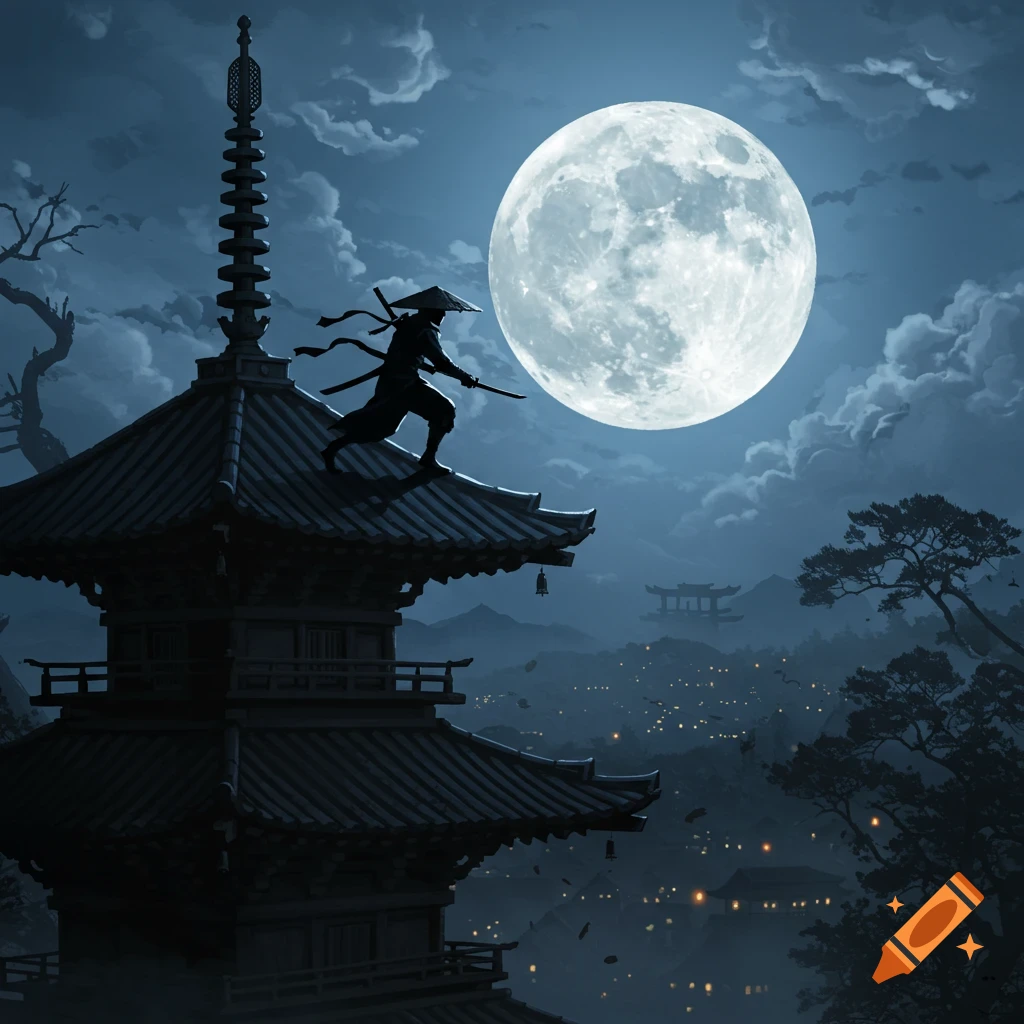 A silhouette of a ninja with a sword on a pagoda roof under a large full moon, overlooking a village.