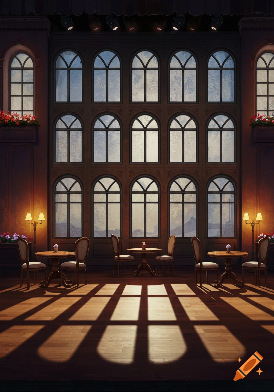 A grand interior with a dark wooden wall featuring three rows of arched windows, tables, chairs, floor lamps, and strong shadows on the wooden floor. Flower boxes adorn the side windows.