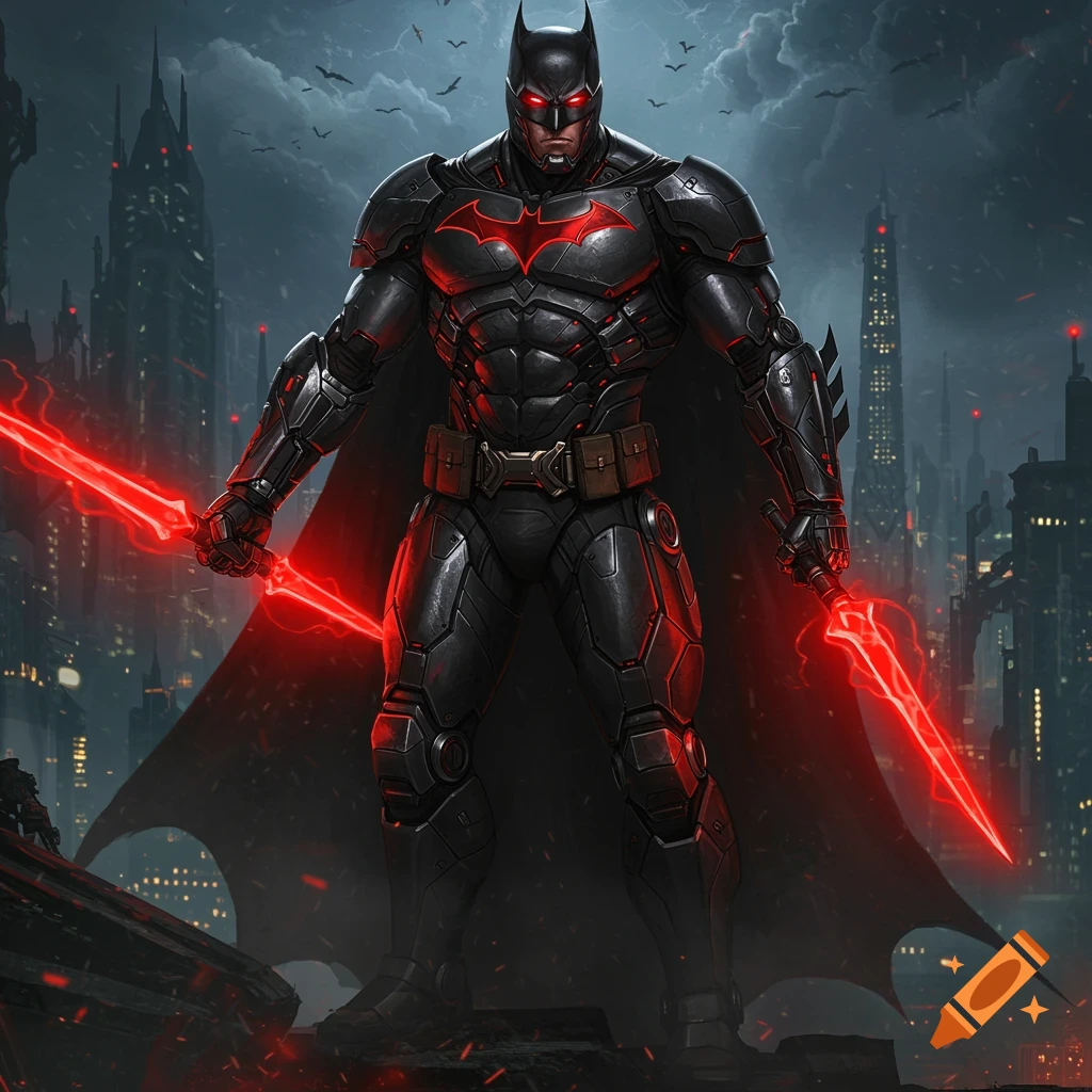 Massive muscular Batman in black and red robotic armor, holding two glowing red energy swords, standing on a rooftop overlooking a dark, futuristic city at night.