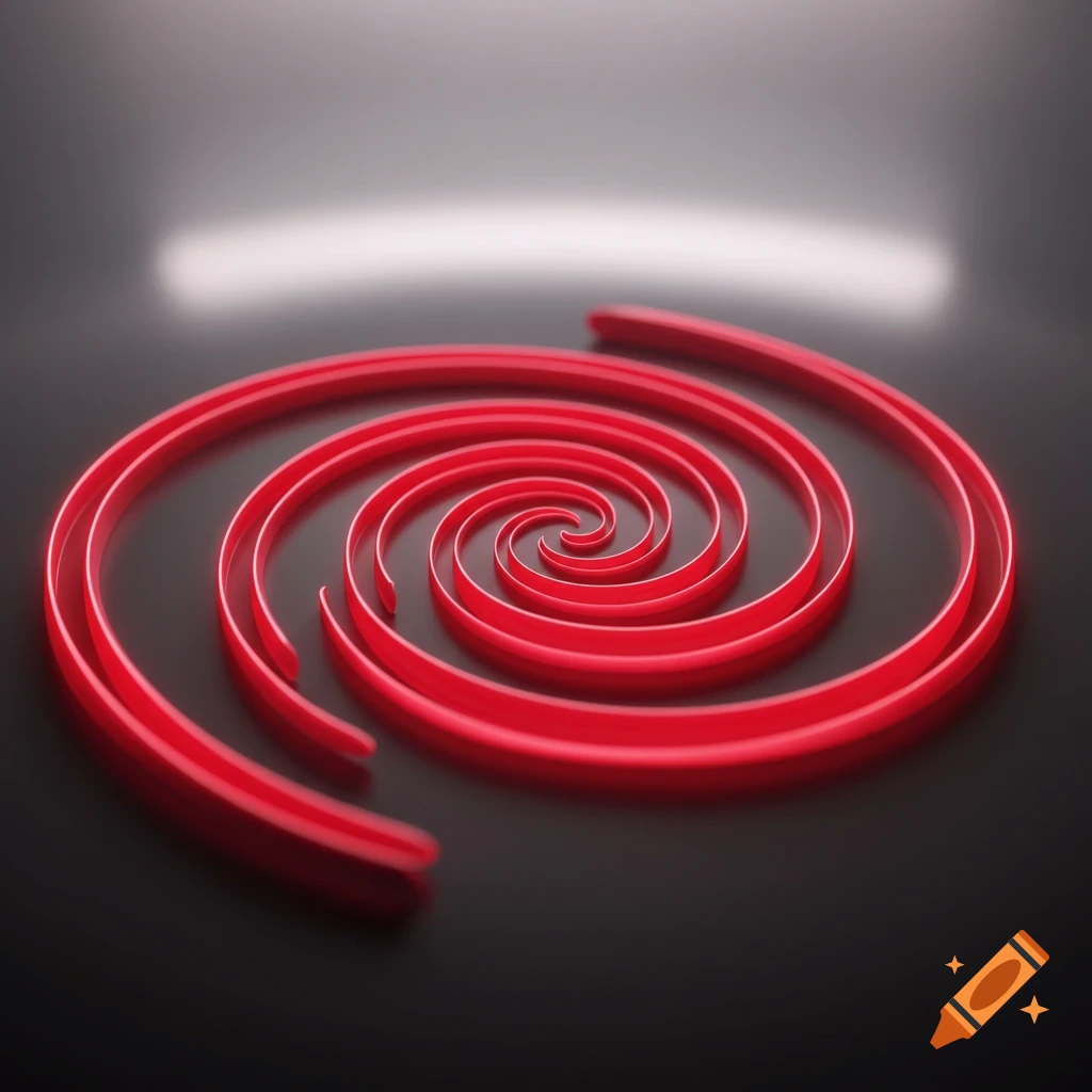 A red spiral design on a dark, reflective surface with a glowing light above.