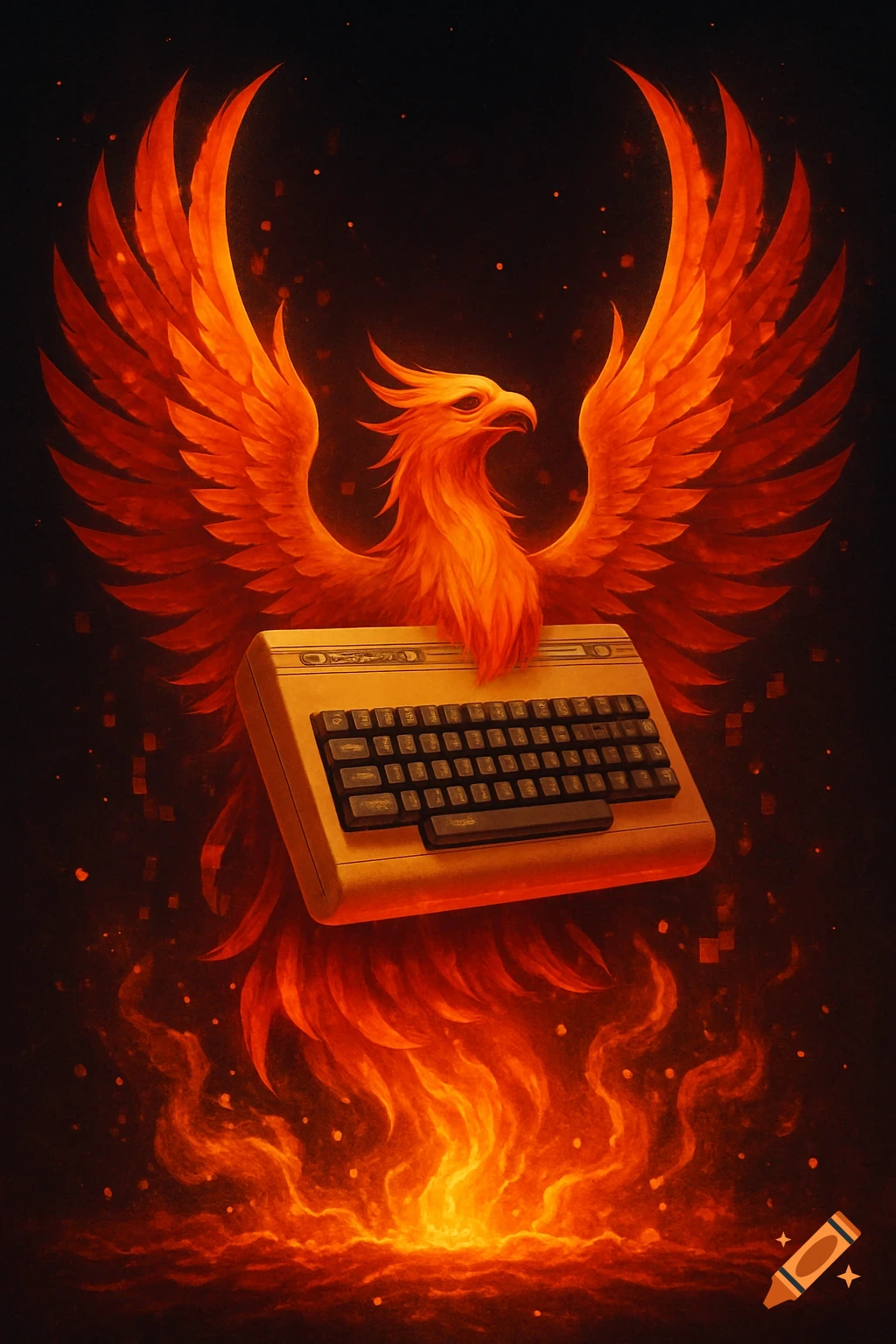 An orange phoenix rises behind a Commodore 64 computer, surrounded by flames and dark background.