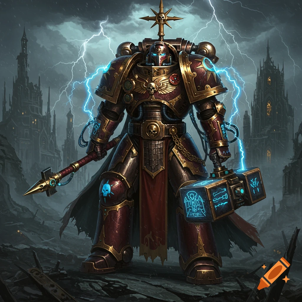 A heavily armored Space Marine-like figure with glowing blue details stands in a stormy, ruined city, holding a large hammer and a spear.