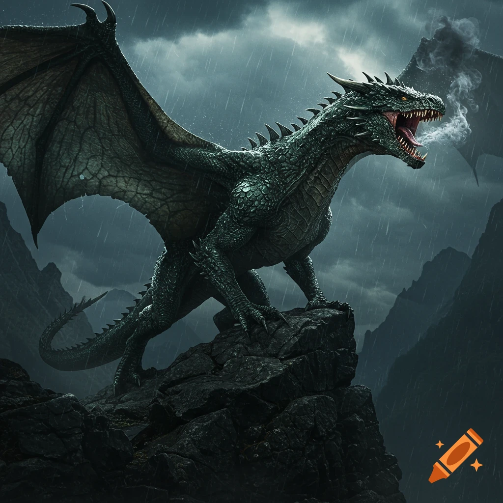 A fierce green dragon with large wings roars on a rocky peak in a dark, rainy, mountainous landscape.