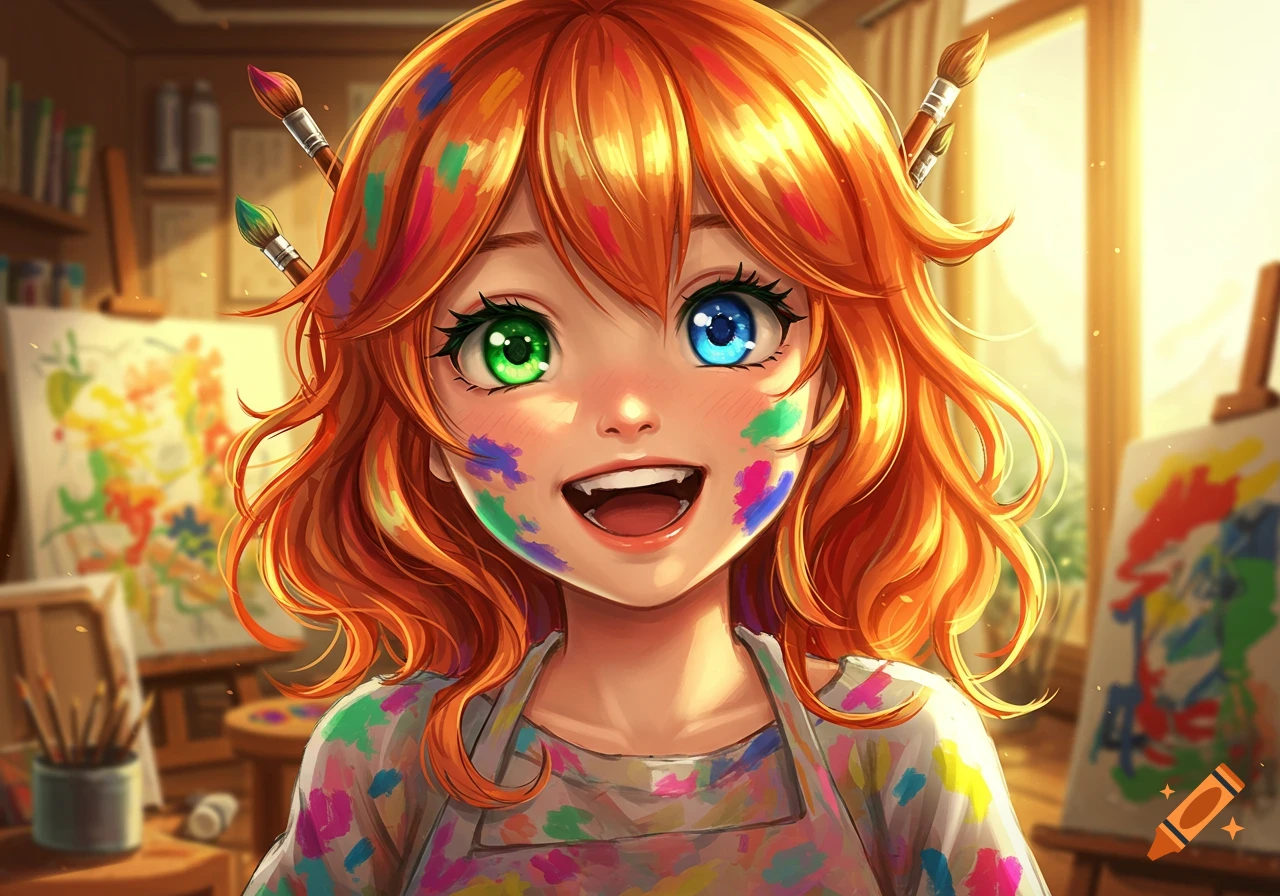 A vibrant anime girl with orange hair, heterochromia (green and blue eyes), and paint splatters on her face and apron smiles in an art studio.