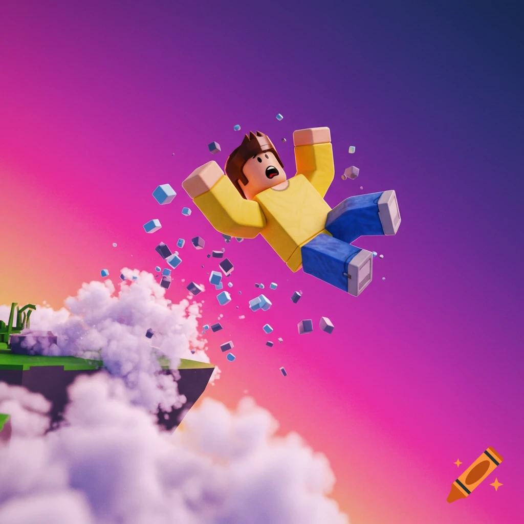 A 3D render of a Roblox noob character falling off a cliff into a colorful void with floating blocks and clouds.