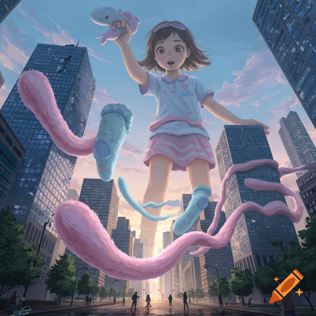 A giant anime-style girl stands over a city, holding a toy and with long, fluffy pink and blue objects resembling socks floating around her as tiny people look up.
