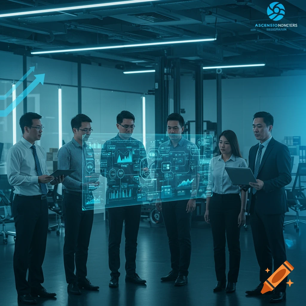 Five professionals, four men and one woman, in an office viewing a large blue holographic data display with charts and graphs.