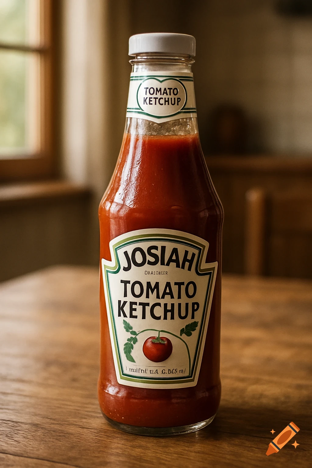 A photorealistic image of a glass bottle of "Josiah Tomato Ketchup" with a white cap, standing on a wooden table.
