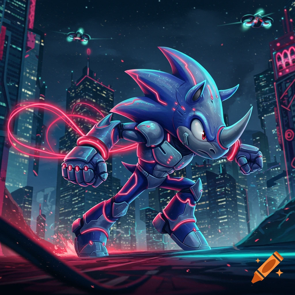 A blue rhino-like Sonic character in glowing red armor runs through a neon-lit cyberpunk city at night.