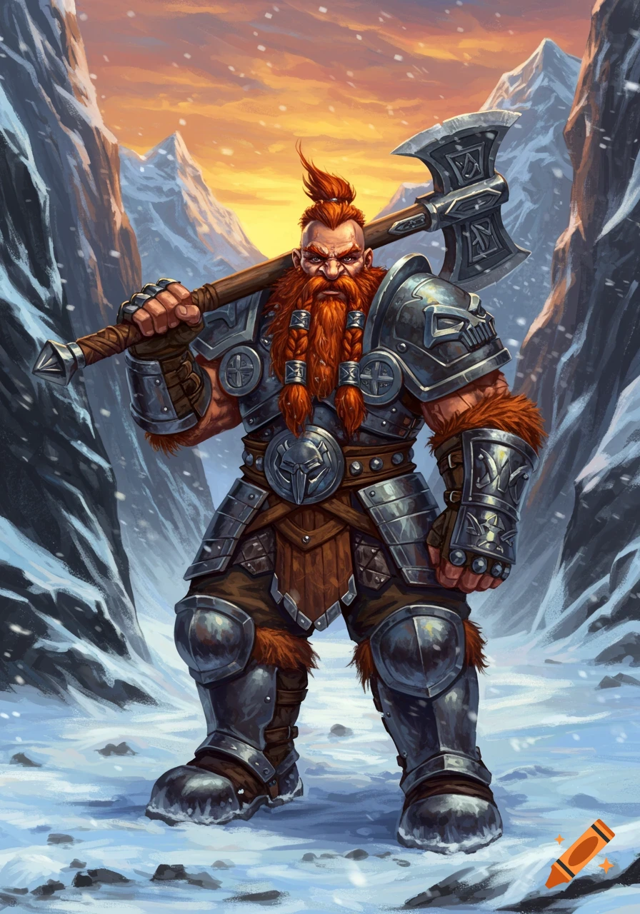 A fierce dwarven barbarian with a red braided beard and mohawk, wearing detailed armor, holds a large axe in a snowy mountain landscape.