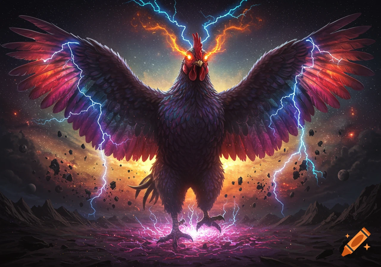 A giant, powerful black rooster with glowing red eyes and colorful wings stands amidst a cosmic storm of lightning and debris.