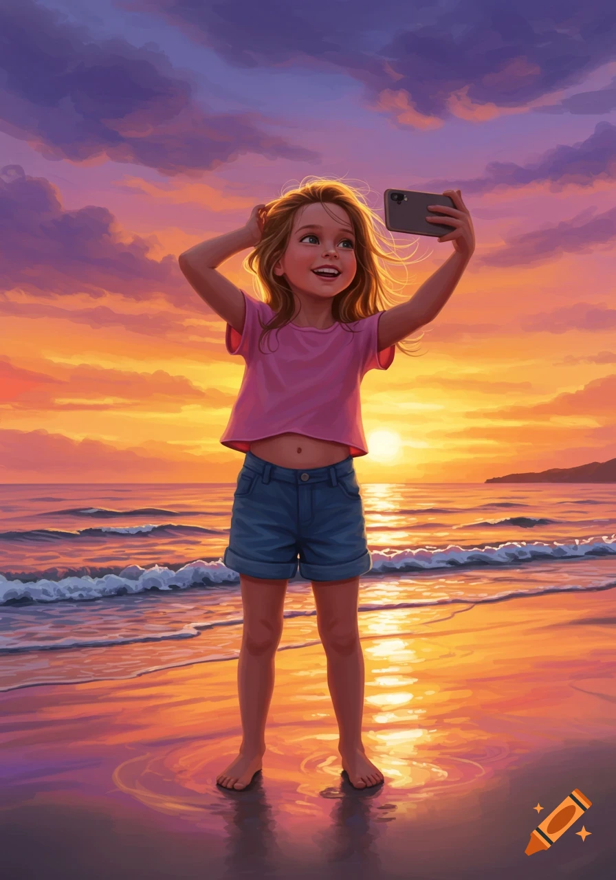 Illustrated young girl taking a selfie on a vibrant sunset beach.
