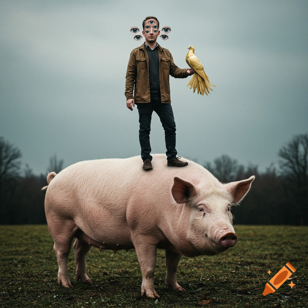 A man with multiple eyes on his forehead stands on the back of a large pink pig, holding a golden bird, in a surreal, photorealistic style.