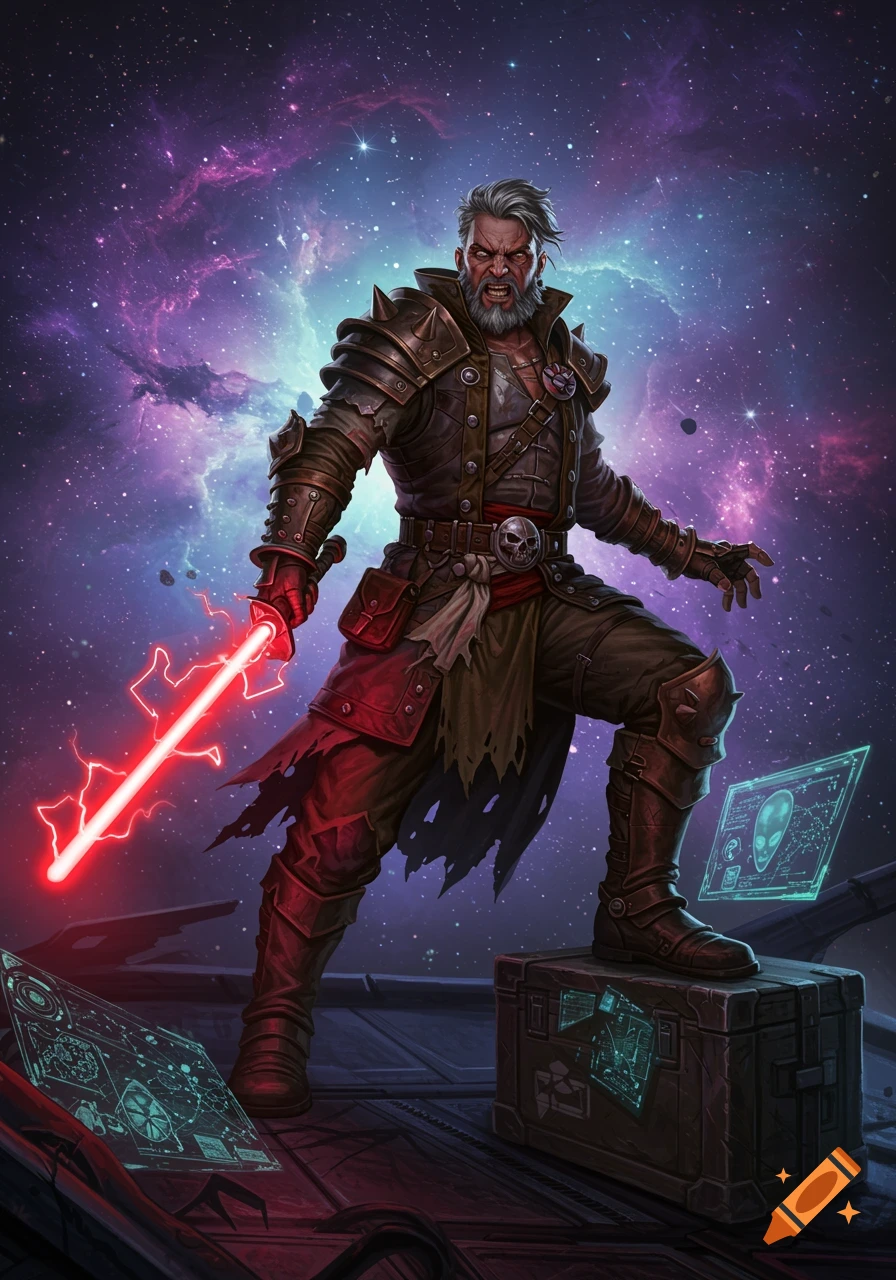 A fierce space pirate with a beard and grey hair, wearing armor, holds a glowing red laser sword in a vibrant cosmic background.