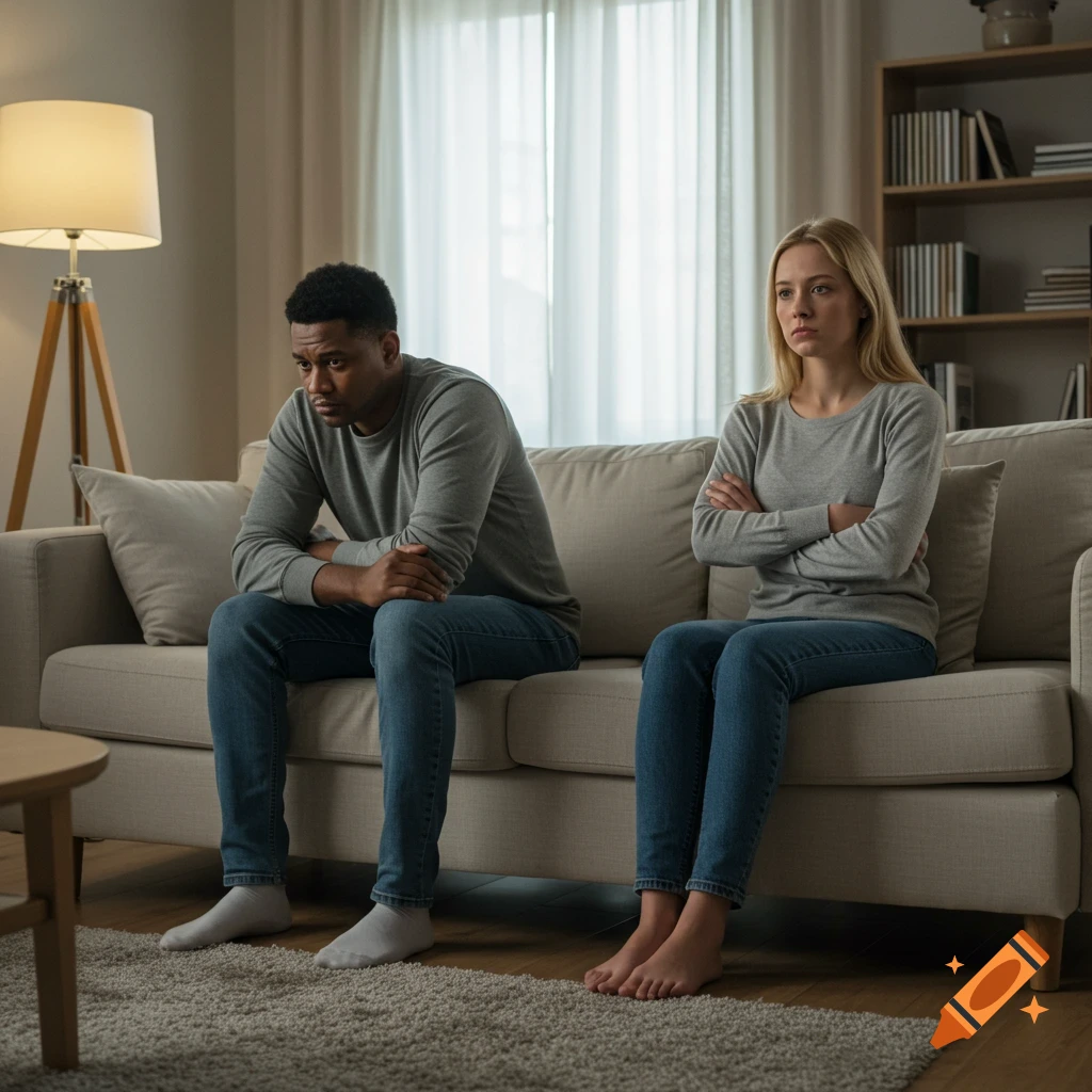 Photorealistic image of a distraught man and woman sitting apart on a living room couch after an argument.