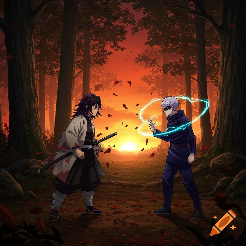 Two anime characters, one with a sword and another with glowing blue energy, face each other in a forest at sunset with falling red leaves.