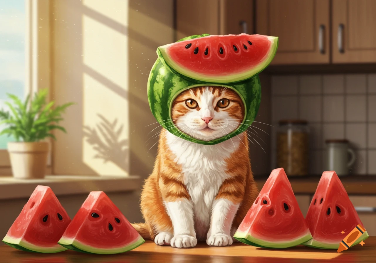 An orange and white cat wearing a watermelon hat sits on a wooden table surrounded by watermelon slices in a sunlit kitchen.