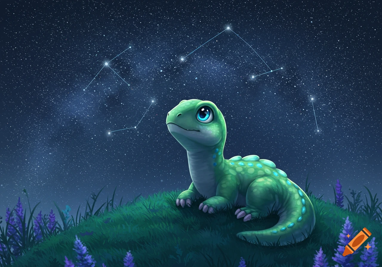 A cute, tiny green dinosaur with blue eyes sits on a grassy hill at night, looking up at a starry sky with constellations.
