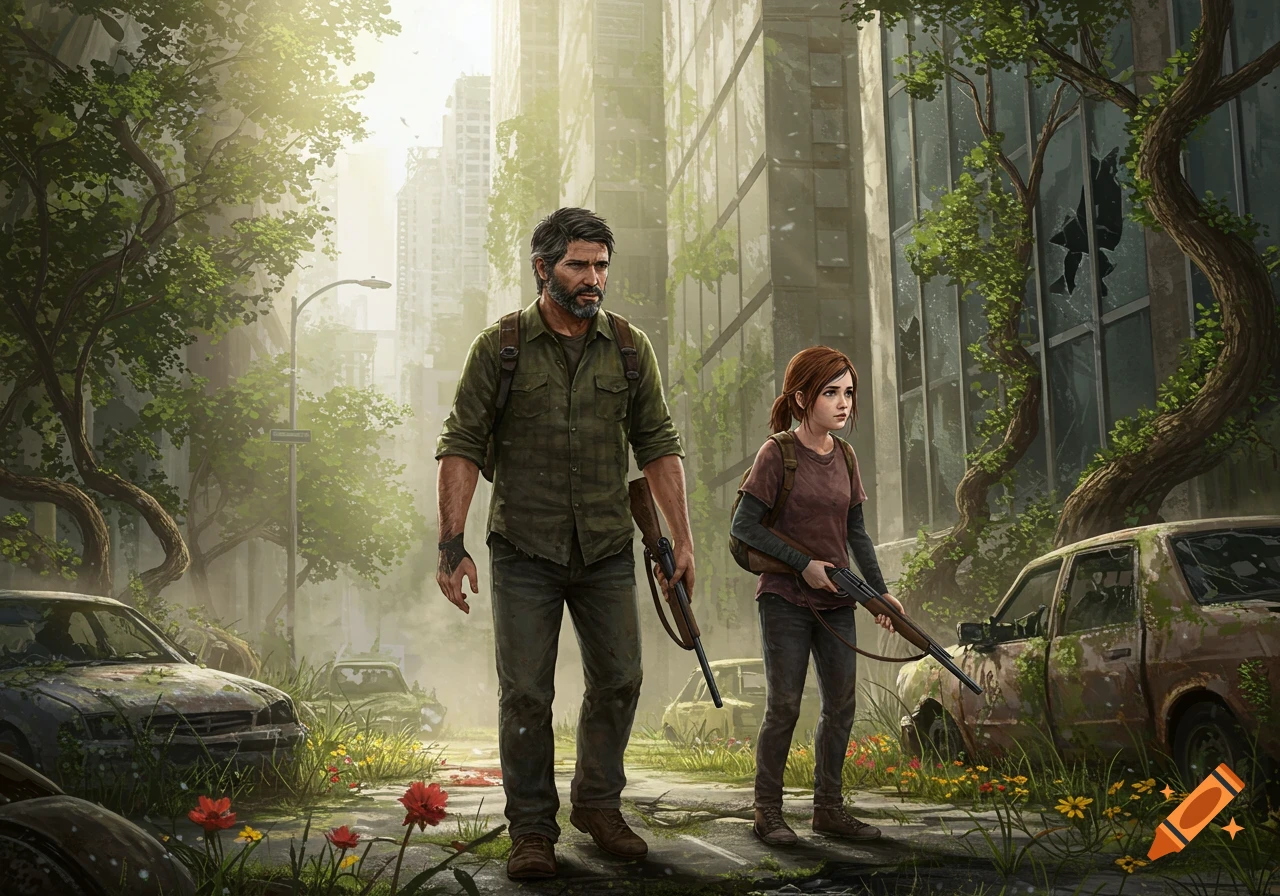 Joel and Ellie, two characters from The Last of Us, walk through an overgrown, dilapidated city street, carrying rifles.