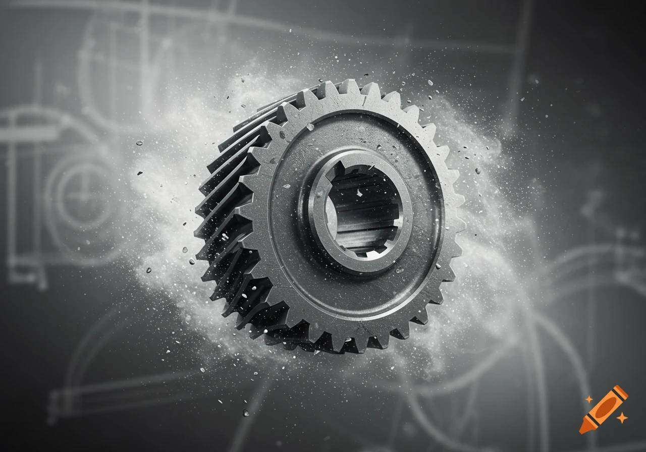 A detailed grey metal gear with a central opening, surrounded by dust particles, against a blurred blueprint background.