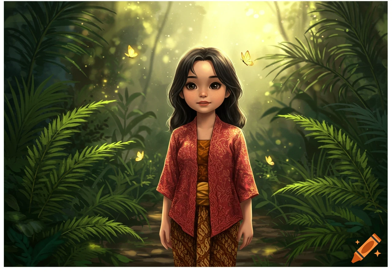 An illustrated young Indonesian girl in traditional dress stands in a lush, glowing fantasy forest with butterflies.