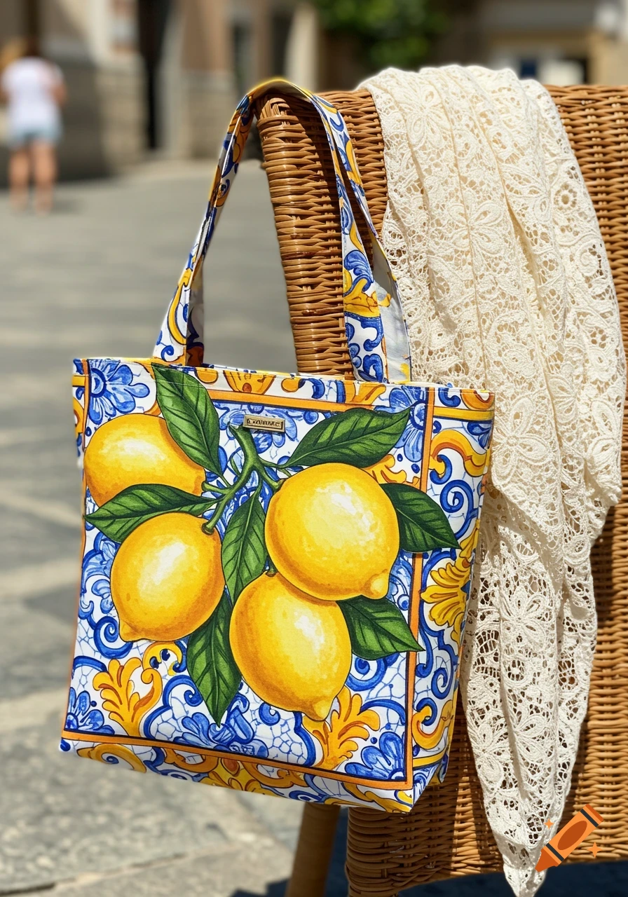 A colorful tote bag with a vibrant lemon and blue floral pattern hangs on a wicker chair outdoors, with a white lace scarf draped beside it.