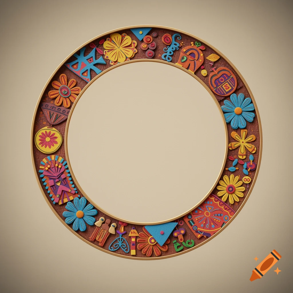 A round, golden-rimmed frame filled with colorful, stylized Puerto Rican artisan-themed patterns and floral elements on a brown textured background.