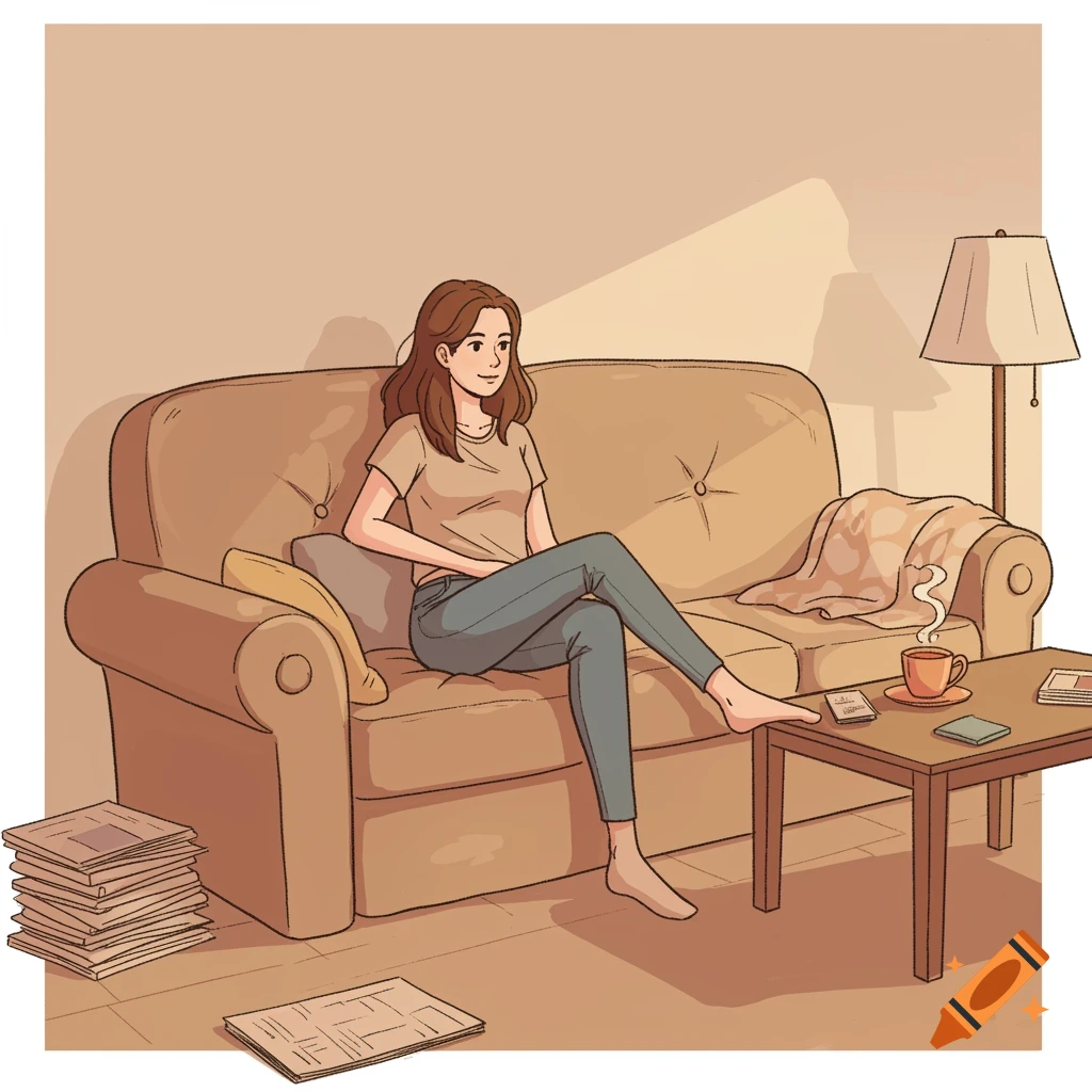 A brown-haired woman sits relaxed on a couch in a simple cartoon style.