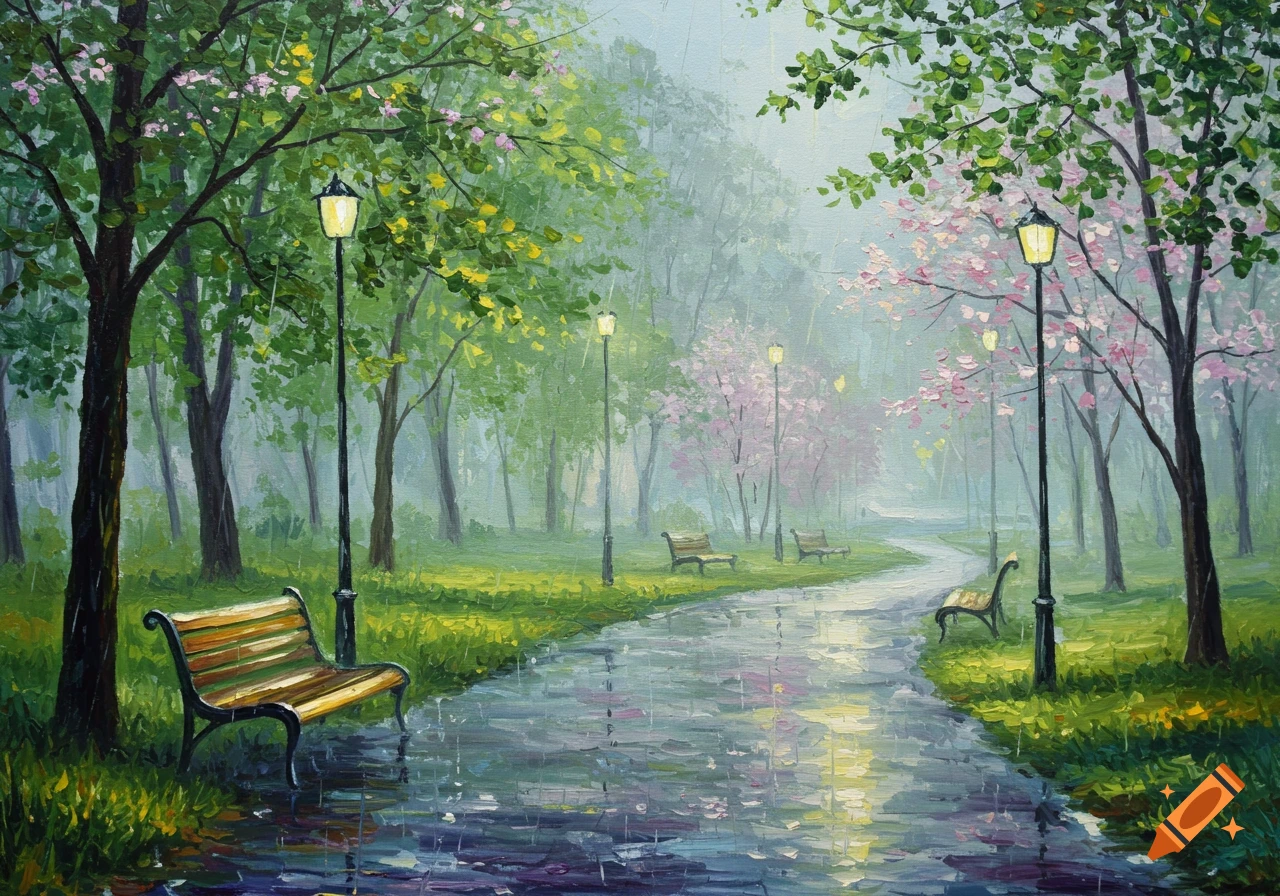 Impressionistic painting of a park on a rainy day with trees, benches, and a wet path reflecting light.