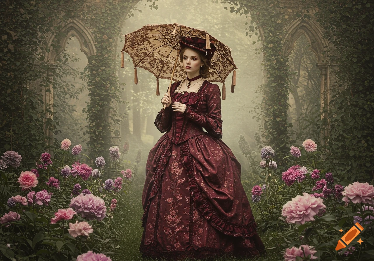 A Victorian woman in a long red dress stands with a parasol in a mystical, overgrown garden with arches and pink flowers. Fantasy art.
